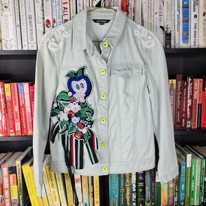 Trendy Boutique Pastel Denim Jacket with Bold Embroidery